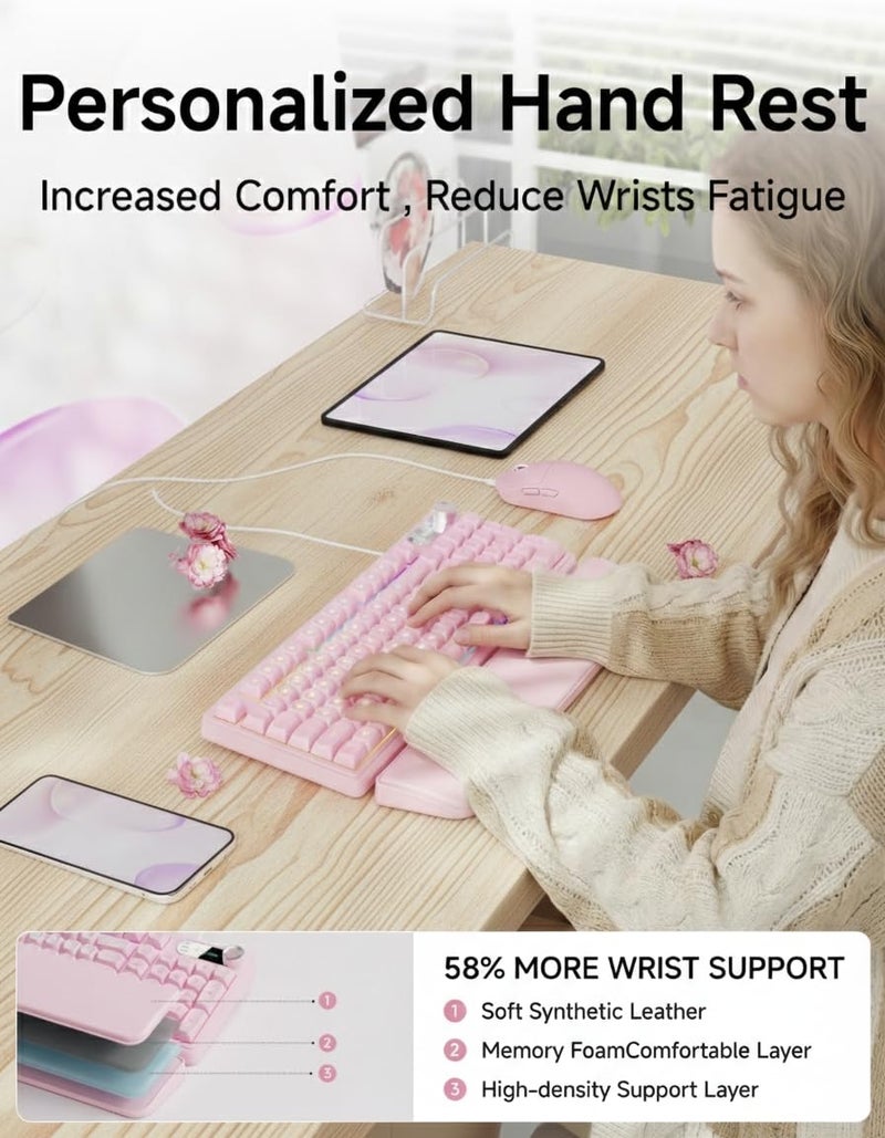 EWEADN C98 Wired Keyboard and Mouse Combo, Wired Ergonomic Computer Keyboards with Wrist Palm, Double-Shot Keycaps, Silent RGB Backlight Quiet Keyboard for Windows/MAC/PC - Pink - Image 2