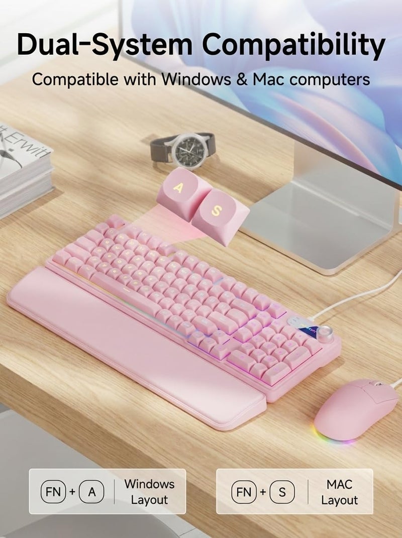 EWEADN C98 Wired Keyboard and Mouse Combo, Wired Ergonomic Computer Keyboards with Wrist Palm, Double-Shot Keycaps, Silent RGB Backlight Quiet Keyboard for Windows/MAC/PC - Pink - Image 4