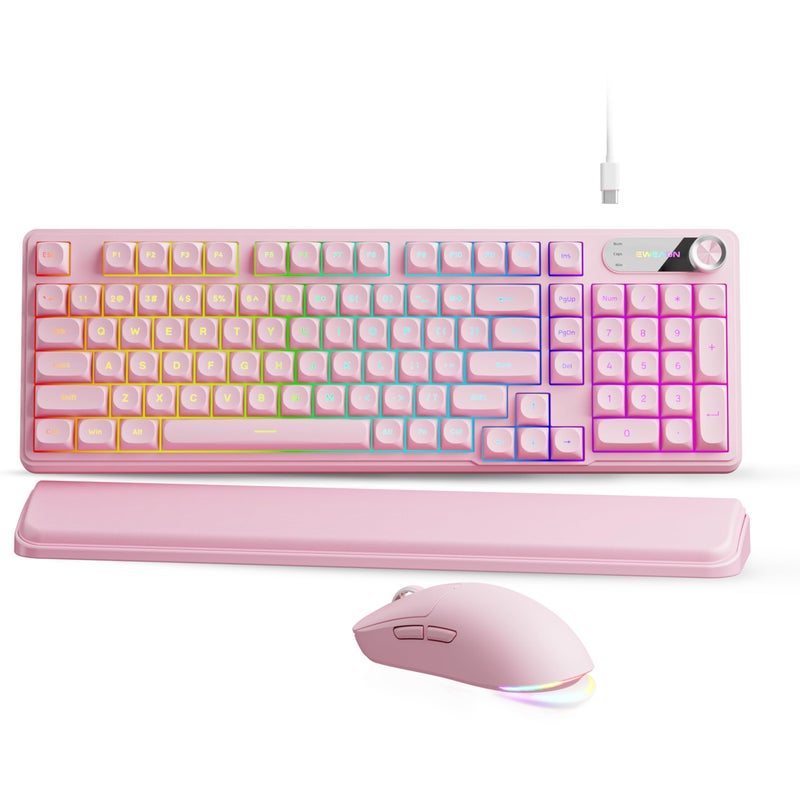 EWEADN C98 Wired Keyboard and Mouse Combo, Wired Ergonomic Computer Keyboards with Wrist Palm, Double-Shot Keycaps, Silent RGB Backlight Quiet Keyboard for Windows/MAC/PC - Pink - Image 1