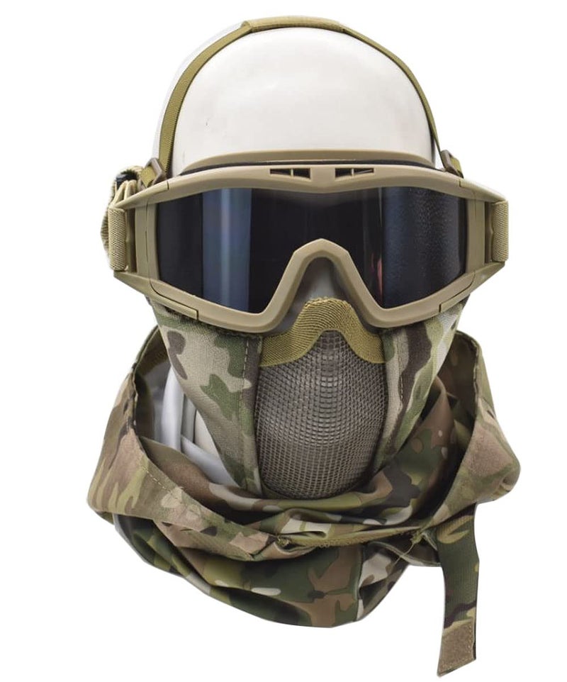 JFFCESTORE Ear Protection Foldable Half Face Airsoft Mesh Mask with Goggles and Headgear Hoods Protective Paintball Headgear Mask Tactical Lower Face Protective Mask CP - Image 4
