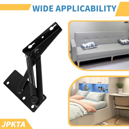 JPKTA 2 Pcs 80 Degree Bench Seat Hinge Foldable Lifting Bracket Heavy Duty Black Spring Hinges Widely Used in Toy Box Chest,Piano Stool,Folding Sofa Bed Corner Cabinet,Furniture Storage Support Hinges - Image 4