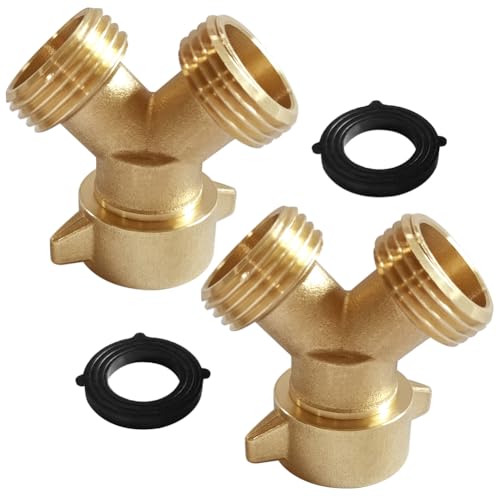 Joywayus Brass 34 GHT Garden Hose Splitter Body Backyard 2 Way Y Shaped Swivel Connector Threaded Pipe Fitting Coupler Adapter with Washer Pack of 2 - Image 1
