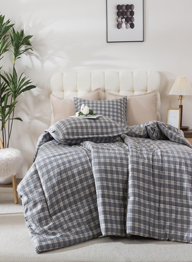 Caressma Checkered Comforter Set Twin Size, Gray Plaid Comforter Bedding Set, Vintage Grid Gingham Comforter Home Decor for All Seasons - Image 1