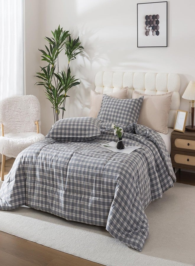 Caressma Checkered Comforter Set Twin Size, Gray Plaid Comforter Bedding Set, Vintage Grid Gingham Comforter Home Decor for All Seasons - Image 2