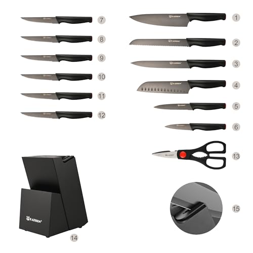 KATISUN 15-Piece Knife Set, High Carbon Stainless Steel Imported From Germany, Beveled Mercerized Blade, Black Titanium Stainless Steel Knives Block Set with Built-in Sharpener, Non-Slip Handles - Image 2