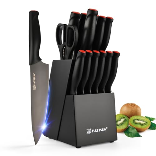KATISUN 15-Piece Knife Set, High Carbon Stainless Steel Imported From Germany, Beveled Mercerized Blade, Black Titanium Stainless Steel Knives Block Set with Built-in Sharpener, Non-Slip Handles - Image 1
