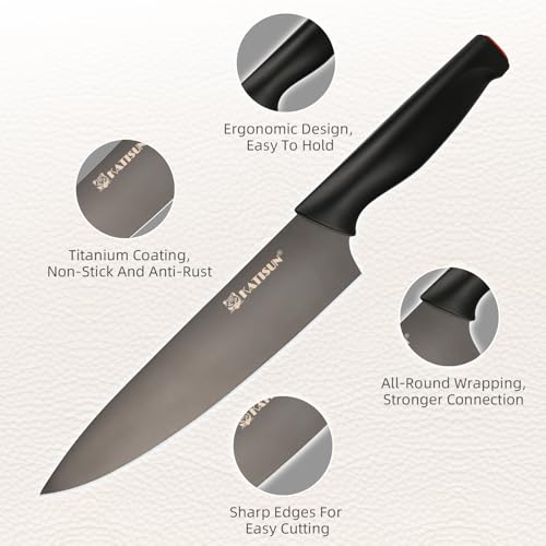 KATISUN 15-Piece Knife Set, High Carbon Stainless Steel Imported From Germany, Beveled Mercerized Blade, Black Titanium Stainless Steel Knives Block Set with Built-in Sharpener, Non-Slip Handles - Image 4