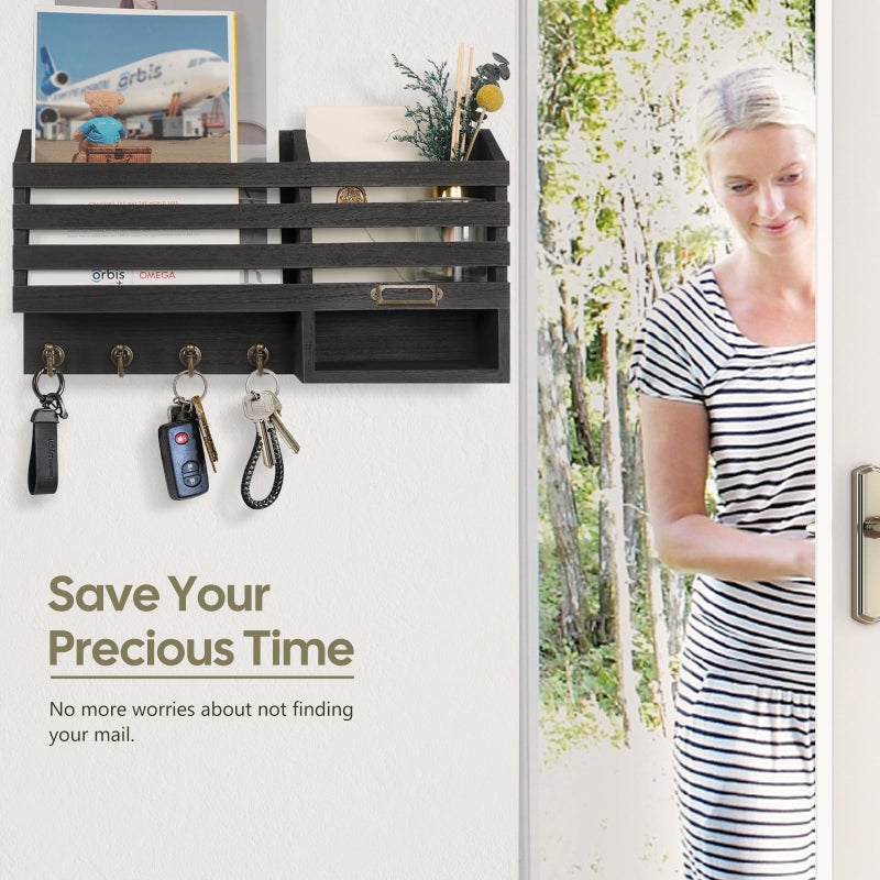 FifthQuarter Key Holder for Wall: Easy Mounted Key Rack and Mail Organizer with Store Shelf and Four Sturdy Keys Hooks Decor in Kitchen|Farmhouse|Entryway|Mudroom (Black) - Image 5