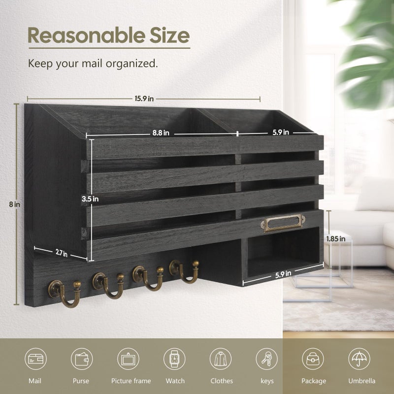 FifthQuarter Key Holder for Wall: Easy Mounted Key Rack and Mail Organizer with Store Shelf and Four Sturdy Keys Hooks Decor in Kitchen|Farmhouse|Entryway|Mudroom (Black) - Image 2