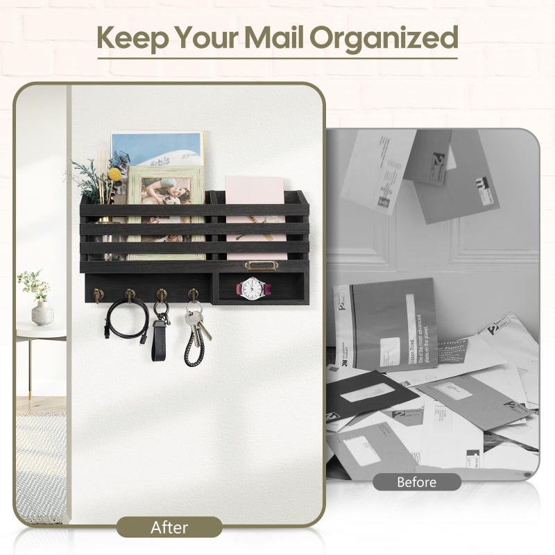 FifthQuarter Key Holder for Wall: Easy Mounted Key Rack and Mail Organizer with Store Shelf and Four Sturdy Keys Hooks Decor in Kitchen|Farmhouse|Entryway|Mudroom (Black) - Image 3