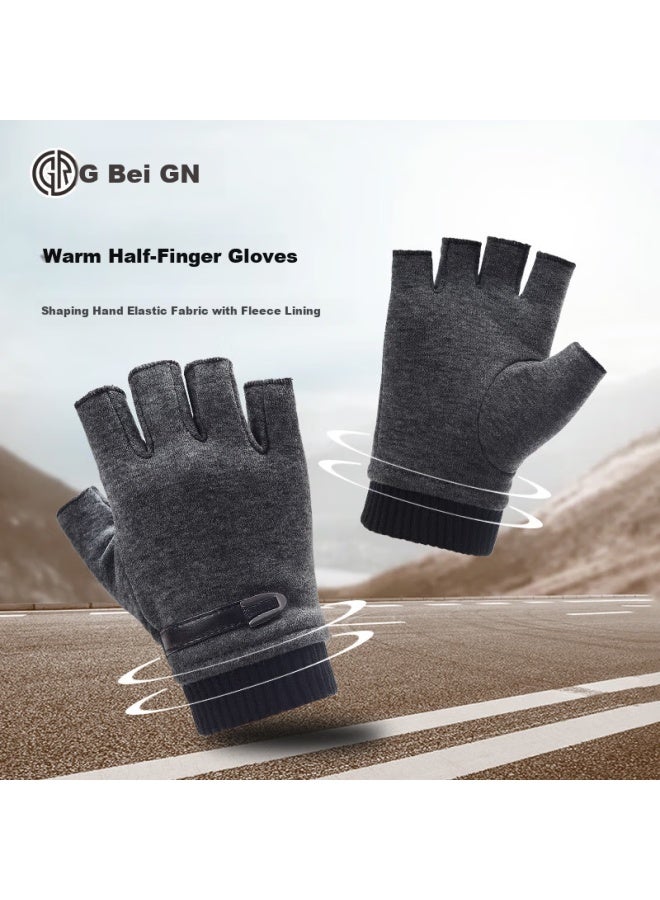 Grgn Men's Winter Half Finger Gloves Warm Student Computer Typing Driving Fingerless Gloves Winter Half Finger Mittens - Image 2