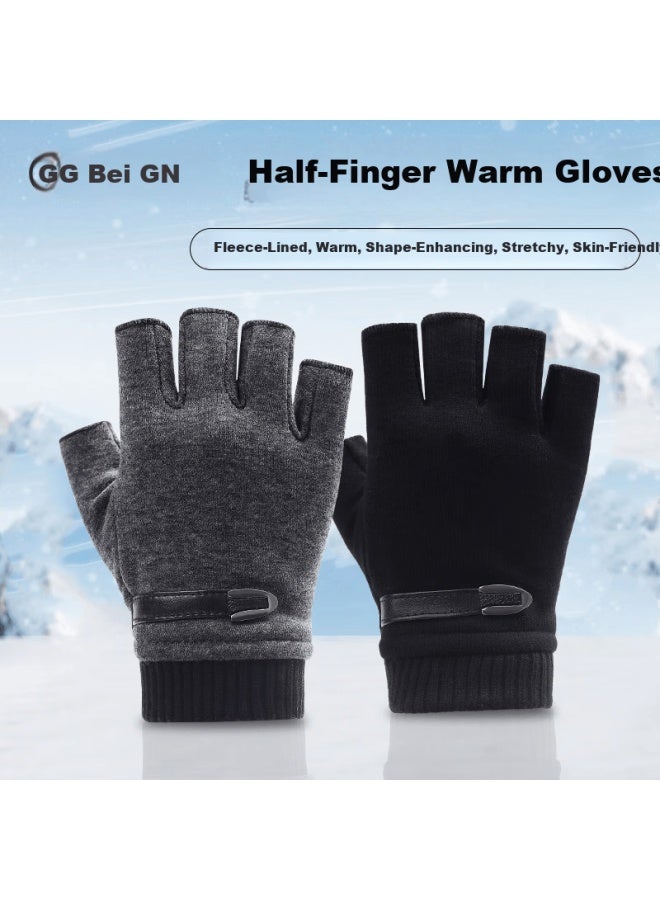 Grgn Men's Winter Half Finger Gloves Warm Student Computer Typing Driving Fingerless Gloves Winter Half Finger Mittens - Image 1