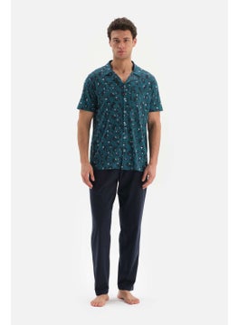 dagi Petrol Green Shirt Collar Patterned Top Knitted Pajama Set  - Image 1