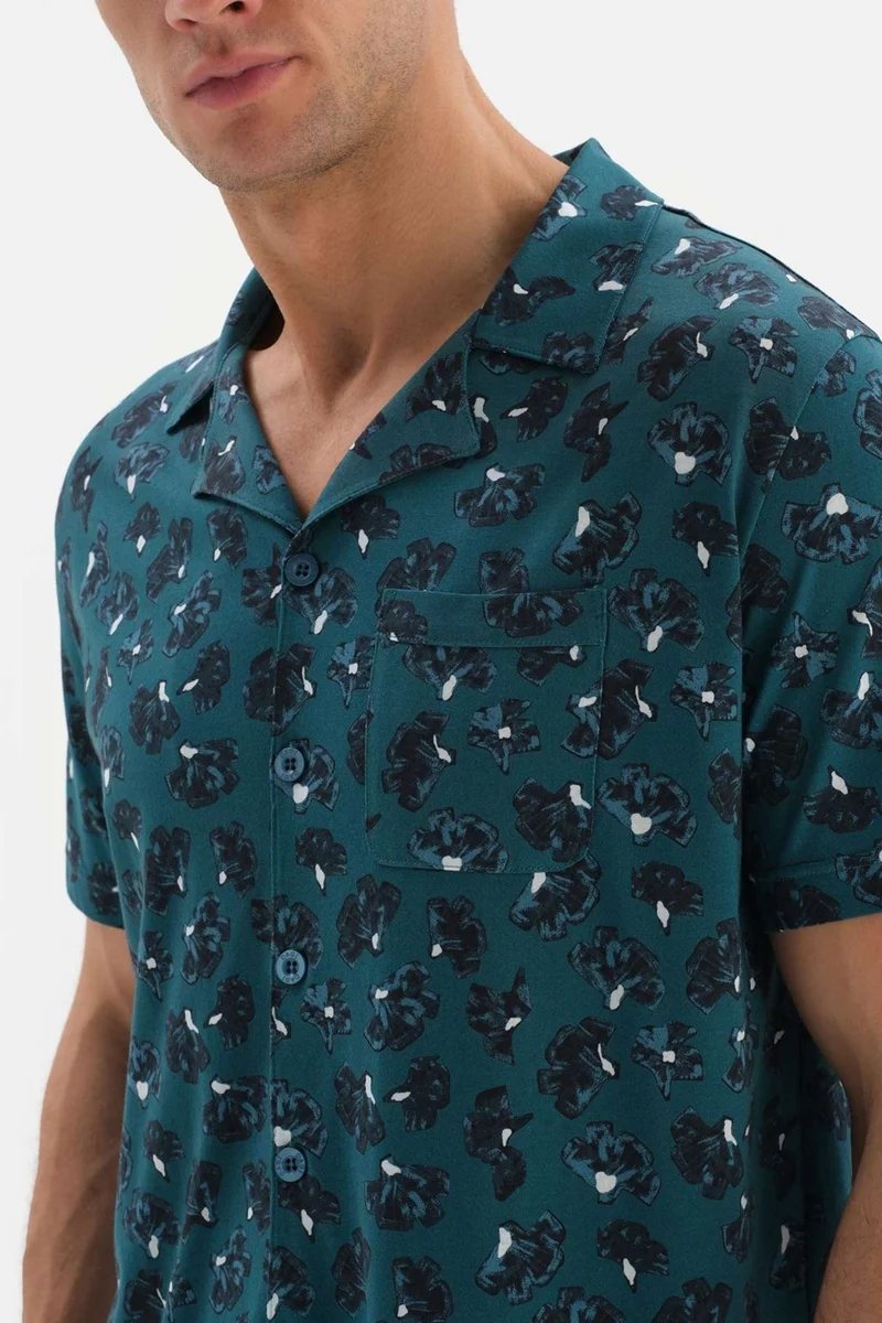 داجي Petrol Green Shirt Collar Patterned Top Knitted Pajama Set
