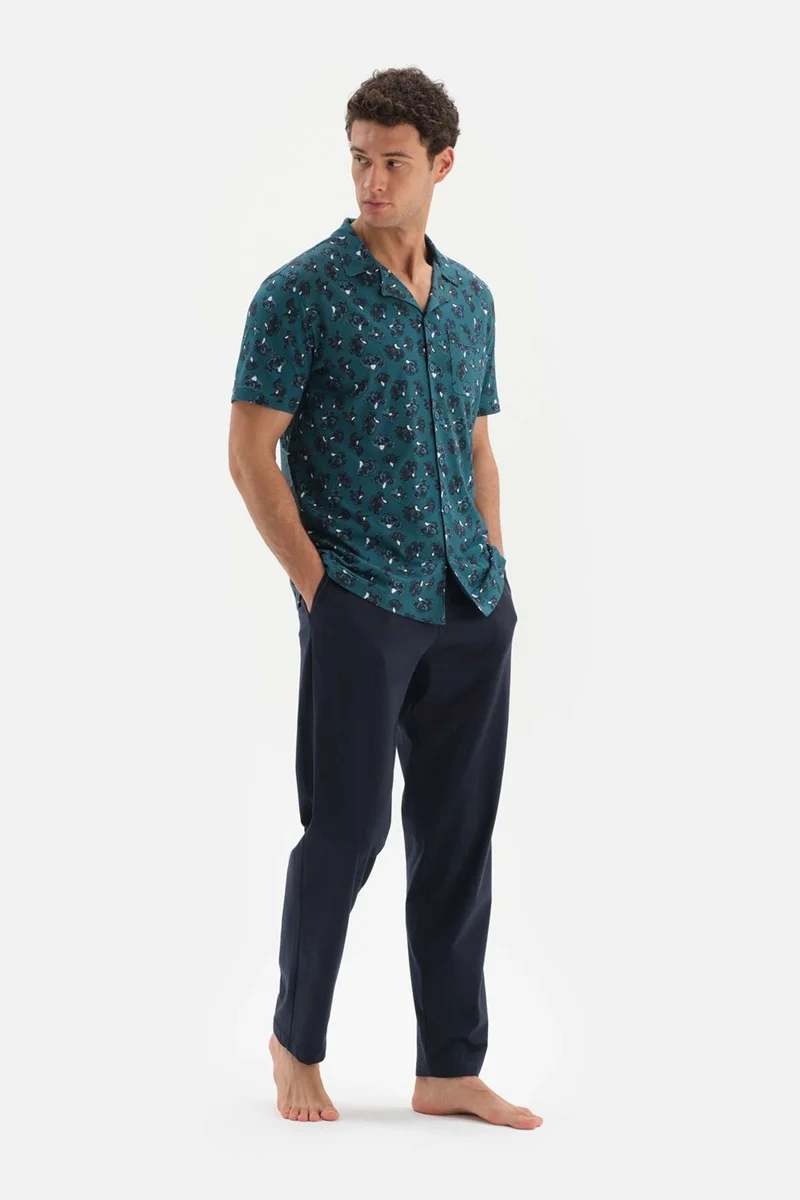 داجي Petrol Green Shirt Collar Patterned Top Knitted Pajama Set