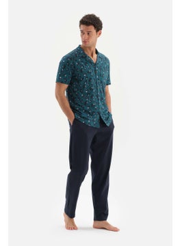 dagi Petrol Green Shirt Collar Patterned Top Knitted Pajama Set  - Image 3