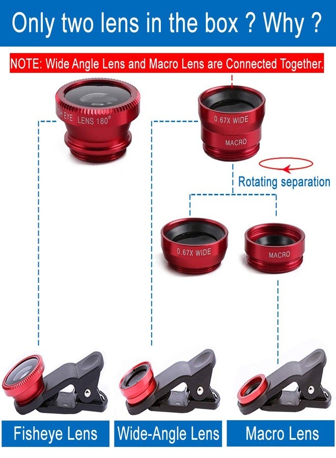 KINGMAS 3 in 1 Universal Fish Eye Lens, Macro Clip Lens Wide-Angle Camera Lens Kit for iPad iPhone Samsung Android and Most Smartphones (Red) - Image 3