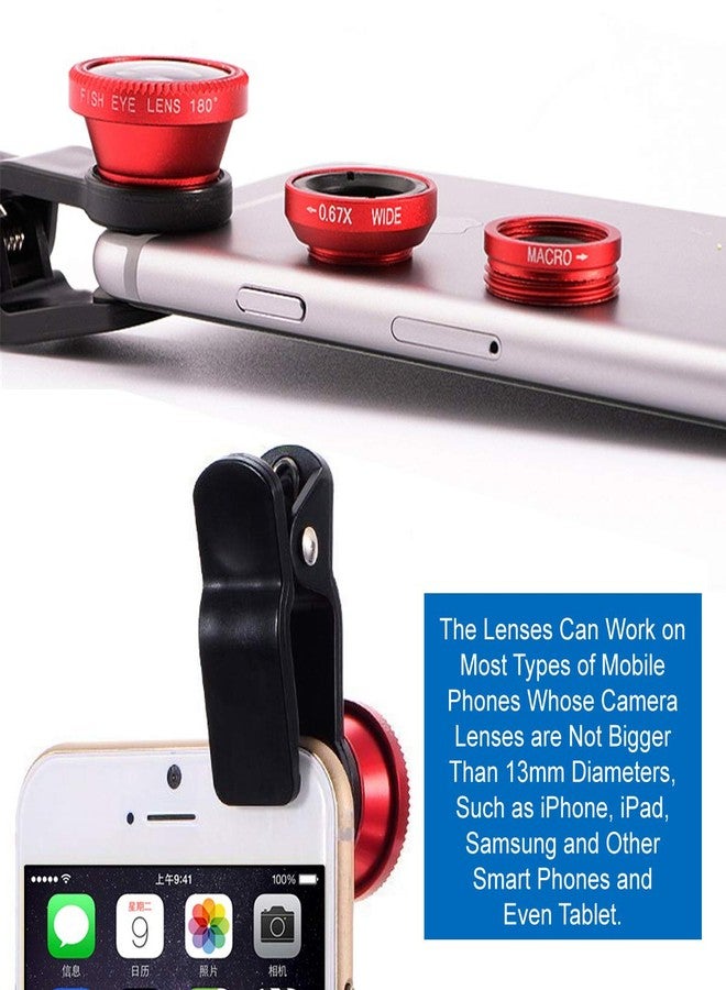 KINGMAS 3 in 1 Universal Fish Eye Lens, Macro Clip Lens Wide-Angle Camera Lens Kit for iPad iPhone Samsung Android and Most Smartphones (Red) - Image 2
