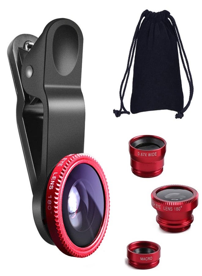 KINGMAS 3 in 1 Universal Fish Eye Lens, Macro Clip Lens Wide-Angle Camera Lens Kit for iPad iPhone Samsung Android and Most Smartphones (Red) - Image 1