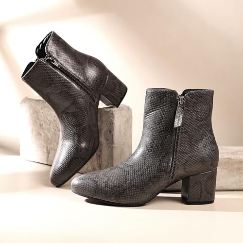 YOHO Midnight Faux Snakeprint Sheen Ankle Length Heeled Boots For Women | Comfortable and Stylish with Low Block Heel | Casual,Formal Wear for Winter BOOT 107 | Classic Black -UK 4 - Image 4