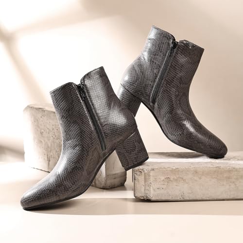 YOHO Midnight Faux Snakeprint Sheen Ankle Length Heeled Boots For Women | Comfortable and Stylish with Low Block Heel | Casual,Formal Wear for Winter BOOT 107 | Classic Black -UK 4 - Image 2