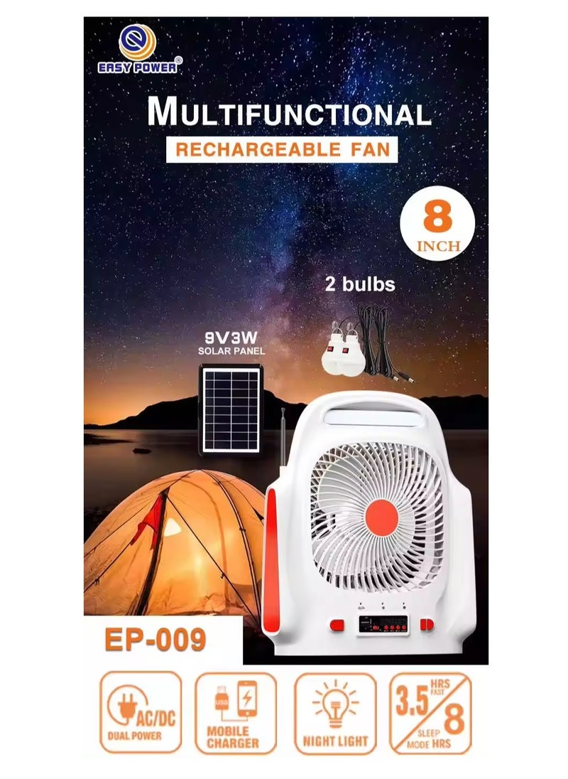 Easy Power - 8 Inch Mini Solar Table Fan with Light USB Charger and Solar Panel for Household Camping - Image 1
