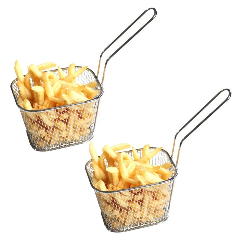 Odowalker 2 Pcs Mini Square Fry Baskets, 4.13Ã—3.3Ã—2.5inch Stainless Steel Fry Basket with Handle Steel French Fry Chip Basket French Fries Desk Food Presentation Mesh Basket Kitchen Cooking Tool - Image 1