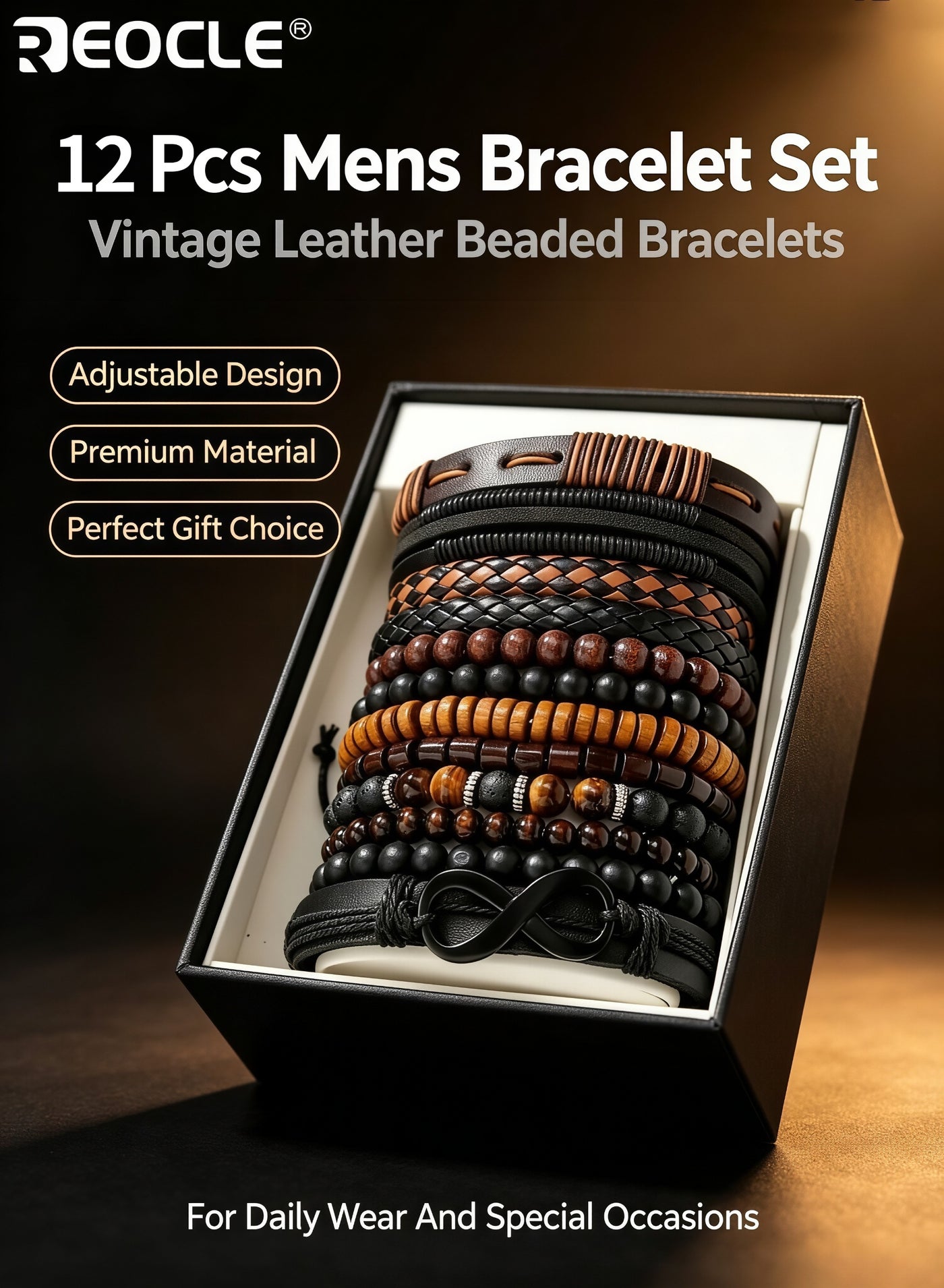 12PCS Men's Braided Faux Leather Bracelets with Stone Bead Design Bohemian Style Wristband Collection with Adjustable Closure for Casual Party Wear