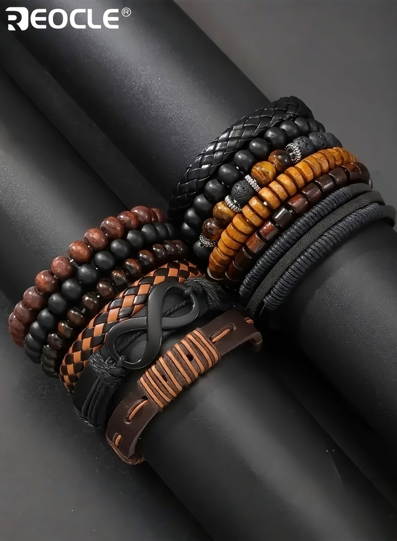 REOCLE 12PCS Men's Braided Faux Leather Bracelets with Stone Bead Design Bohemian Style Wristband Collection with Adjustable Closure for Casual Party Wear - Image 5