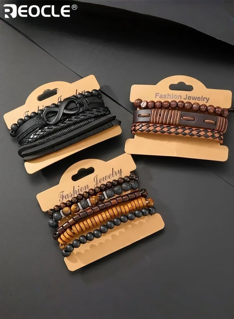 REOCLE 12PCS Men's Braided Faux Leather Bracelets with Stone Bead Design Bohemian Style Wristband Collection with Adjustable Closure for Casual Party Wear - Image 4