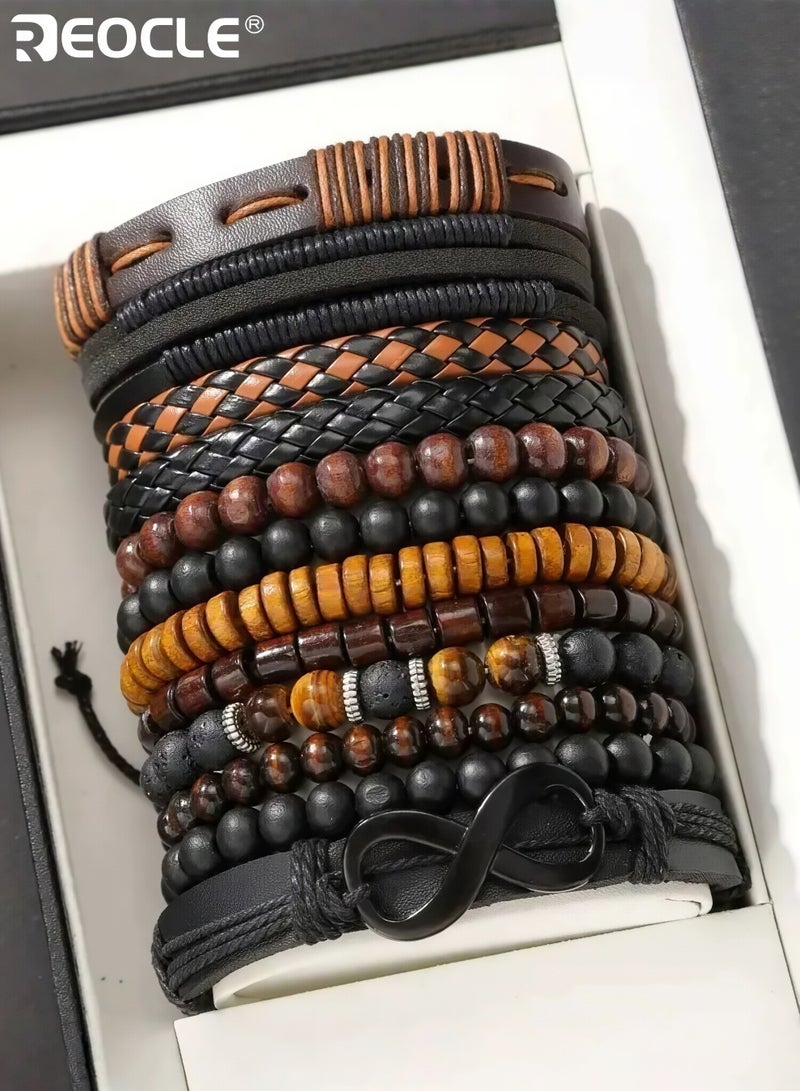 REOCLE 12PCS Men's Braided Faux Leather Bracelets with Stone Bead Design Bohemian Style Wristband Collection with Adjustable Closure for Casual Party Wear - Image 2