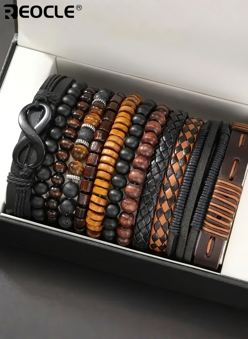 REOCLE 12PCS Men's Braided Faux Leather Bracelets with Stone Bead Design Bohemian Style Wristband Collection with Adjustable Closure for Casual Party Wear - Image 1