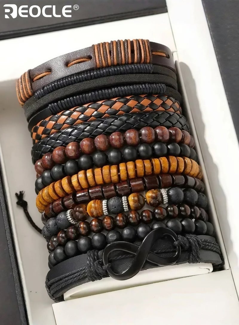 REOCLE 12PCS Men's Braided Faux Leather Bracelets with Stone Bead Design Bohemian Style Wristband Collection with Adjustable Closure for Casual Party Wear - Image 2