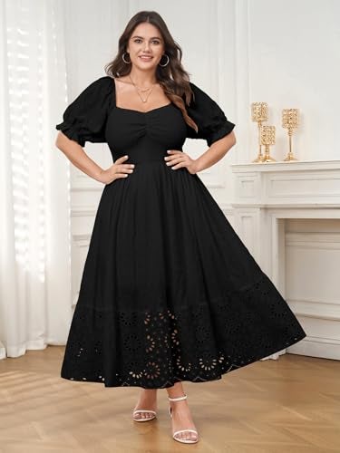 SCOMCHIC Womens Plus Size Summer Dresses Short Sleeve Sweetheart Smocked Lace Eyelet Casual Flowy Boho Maxi A Line Dress Black - Image 5