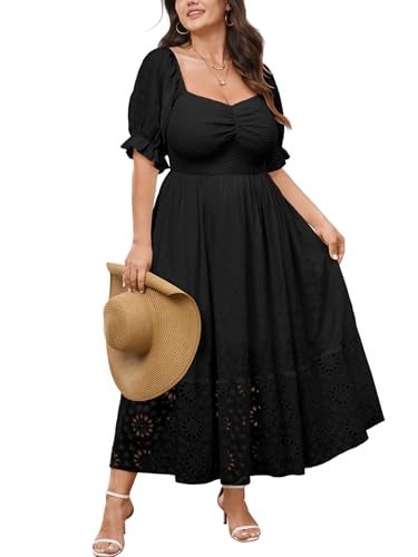 SCOMCHIC Womens Plus Size Summer Dresses Short Sleeve Sweetheart Smocked Lace Eyelet Casual Flowy Boho Maxi A Line Dress Black - Image 1