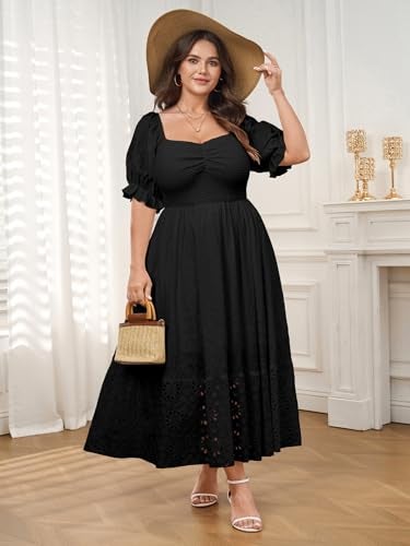 SCOMCHIC Womens Plus Size Summer Dresses Short Sleeve Sweetheart Smocked Lace Eyelet Casual Flowy Boho Maxi A Line Dress Black - Image 2