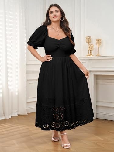 SCOMCHIC Womens Plus Size Summer Dresses Short Sleeve Sweetheart Smocked Lace Eyelet Casual Flowy Boho Maxi A Line Dress Black - Image 4