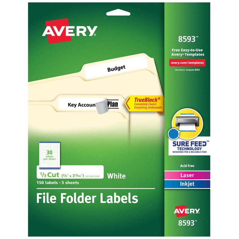 Avery File Folder Labels with TrueBlock Technology, Permanent Adhesive, 2/3" x 3-7/16", Laser/Inkjet, 150 Labels (08593) - Image 1