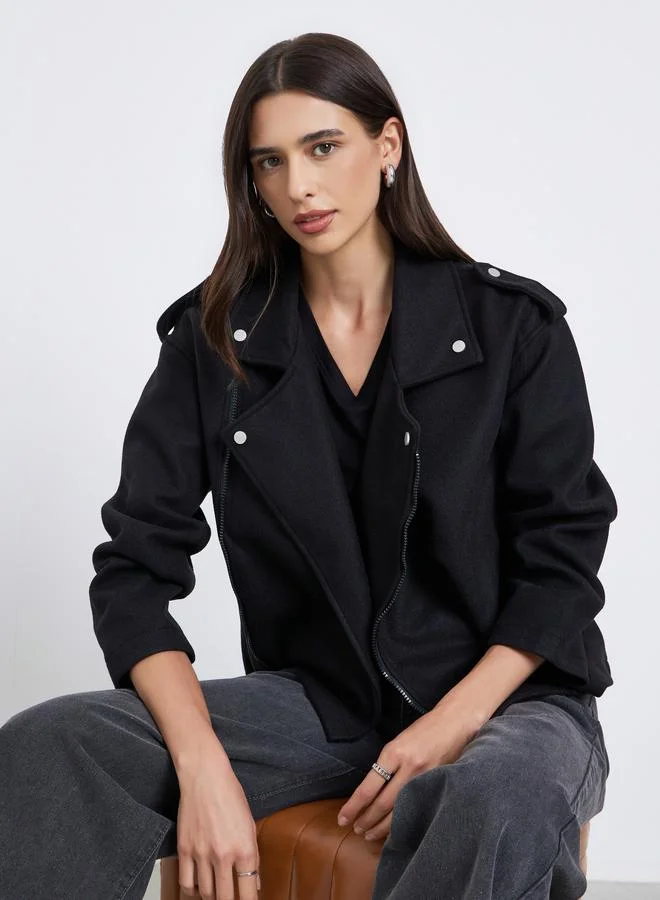 Styli Black Boxy Fit Wool Like Biker Jacket