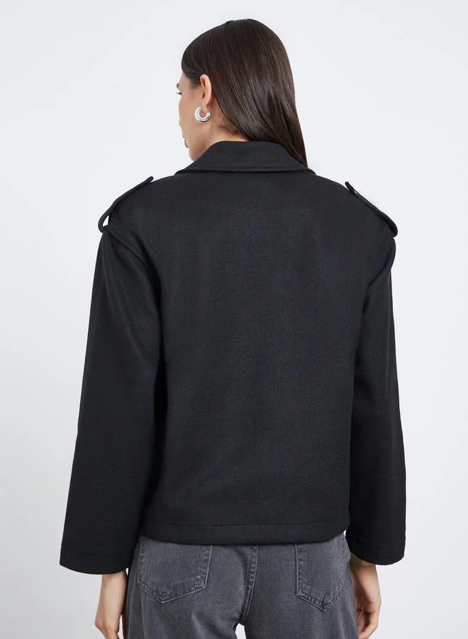 Styli  Styli Black Boxy Fit Wool Like Biker Jacket for Women | Best Price UAE