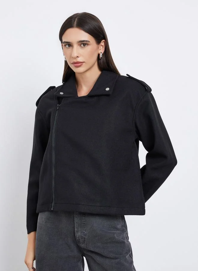 Styli  Styli Black Boxy Fit Wool Like Biker Jacket for Women | Best Price UAE