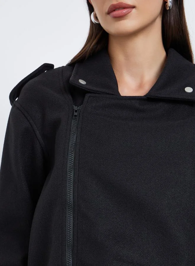 Styli  Styli Black Boxy Fit Wool Like Biker Jacket for Women | Best Price UAE