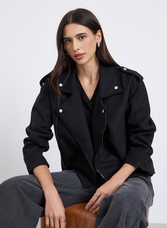 ستايلي جاكيت بايكر بمظهر الصوف وقصة بوكسي - Image 1