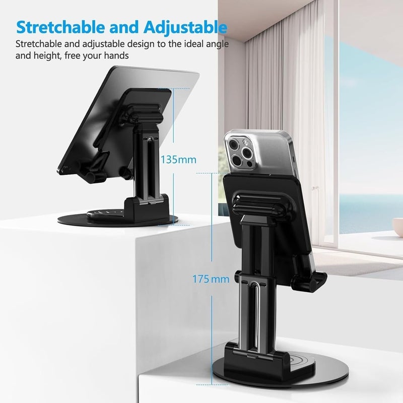 Elfora Tablet Stand with 360° Rotatable Base | Multiple Height & Angle Adjustments and Foldable Design | Compatible with iPad Pro 12.9/11/Air/Mini, Samsung Galaxy Tabs and All Android Tablets (Black) - Image 2