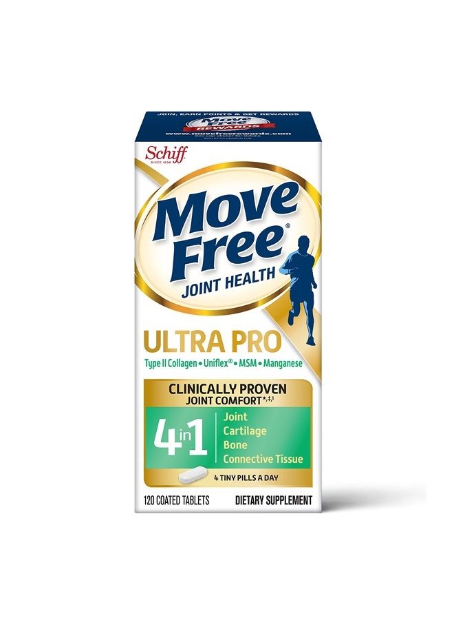 Move Free Ultra Pro مع دعم المفاصل الرباعي - الكولاجين من النوع 2 وميثيل سلفونيل ميثان وفروكتوبورات الكالسيوم والمنجنيز - يدعم غضروف المفاصل والنسيج الضام للعظام، 120 قرصًا (30 وجبة) - Image 1