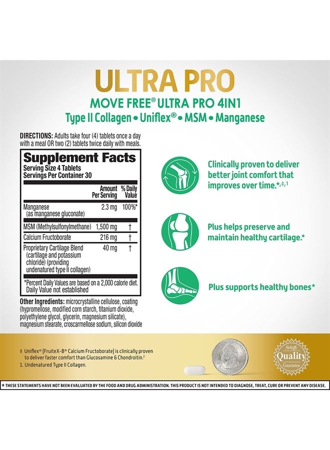 Move Free Ultra Pro مع دعم المفاصل الرباعي - الكولاجين من النوع 2 وميثيل سلفونيل ميثان وفروكتوبورات الكالسيوم والمنجنيز - يدعم غضروف المفاصل والنسيج الضام للعظام، 120 قرصًا (30 وجبة) - Image 3