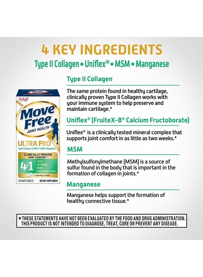 Move Free Ultra Pro مع دعم المفاصل الرباعي - الكولاجين من النوع 2 وميثيل سلفونيل ميثان وفروكتوبورات الكالسيوم والمنجنيز - يدعم غضروف المفاصل والنسيج الضام للعظام، 120 قرصًا (30 وجبة) - Image 4