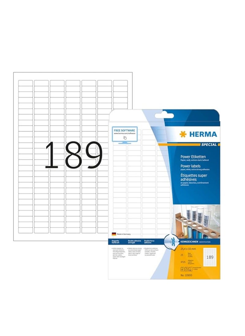 Herma Extra-Strong Adhesive Extreme Heavy Duty Labels, 189 Labels Per A4 Sheet, 4725 Labels For Printers, Small, 25.4 x 10 mm (10900), White  - Image 1
