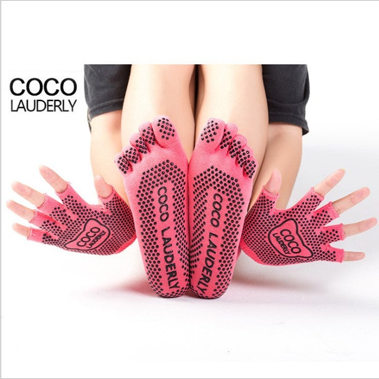 Non-Slip Toeless Yoga Socks and Gloves Set red - Image 1