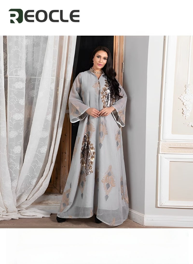 REOCLE Muslim Evening Dress Sequined Embroidered Mesh Dress for Women Skin-friendly Breathable Loose Hem to Modify Leg Shape - Image 3